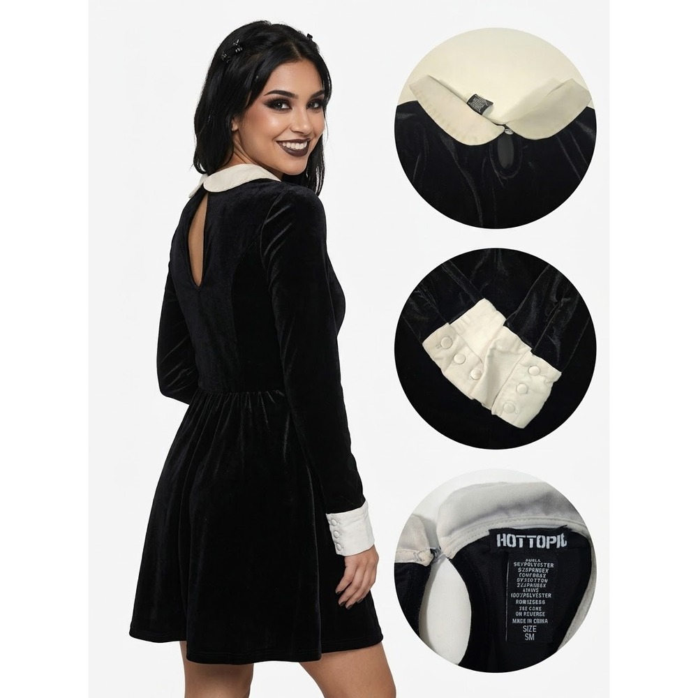Hot Topic Wednesday Addams Dress Small Black Velvet Peter Pan Collar Goth Mod